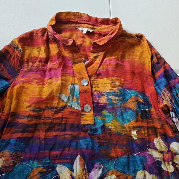 John Mark Shirt Womens 1X Multicolor Floral Watercolor Henley Tunic 3/4 Sleeve - Picture 2 of 9